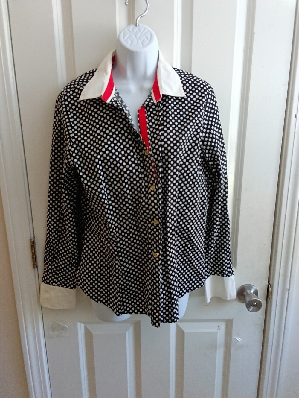 ANNE KLEIN Black Polka Dot Blouse with Red Trim SIZE 14 - Picture 4 of 7